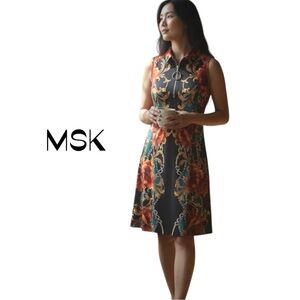 MSK Black Orange Bold Print EuroGirl Sleeveless A-Line Dress NWT Size M